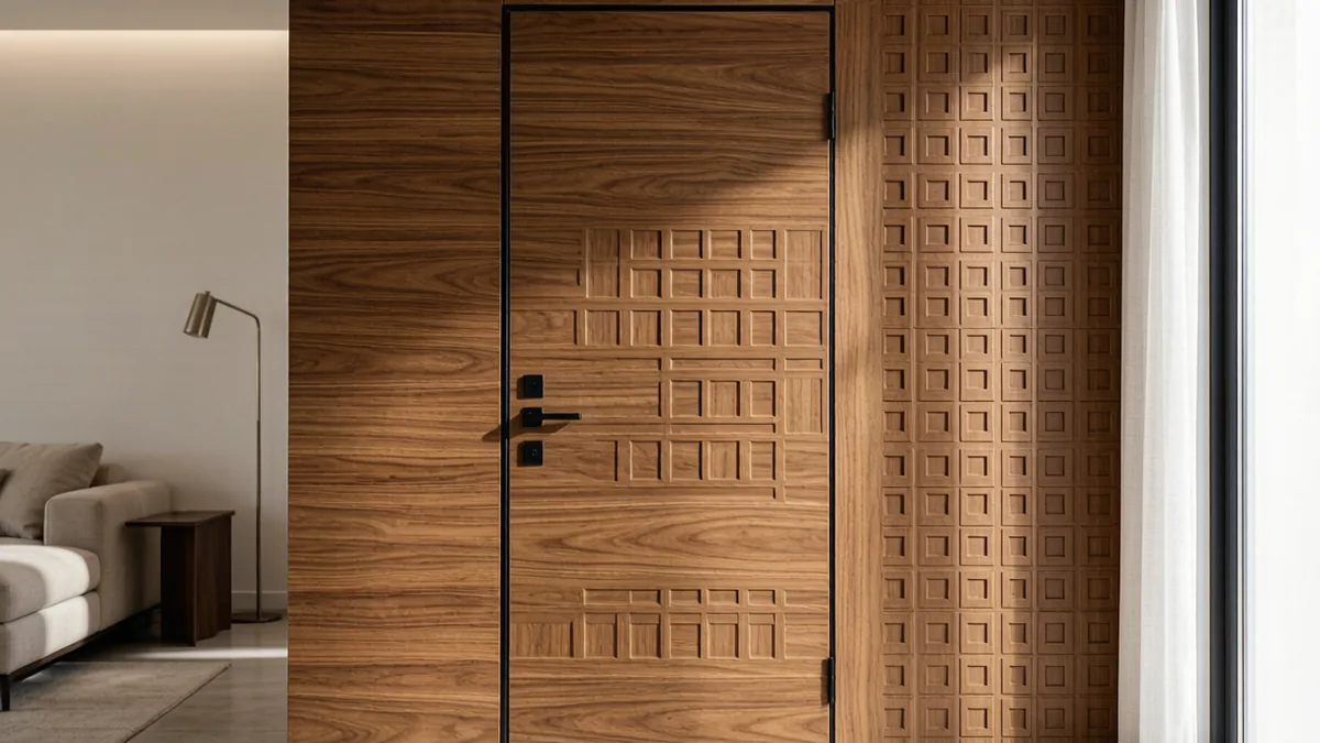 Interior cabinet doors with 3D embossed PVC membrane foil vacuum-pressed profiles