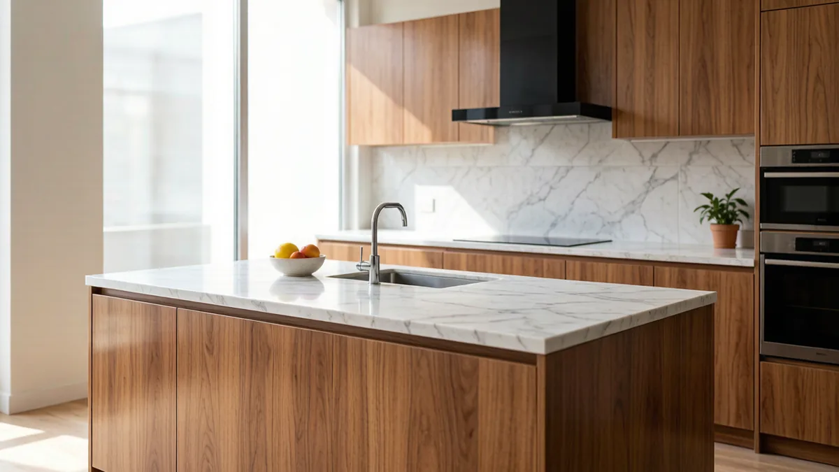 Modern kitchen cabinets finished with decorative PVC film in warm wood grain