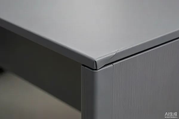 Office desk surface finished in super-matte gray PVC film with cable management