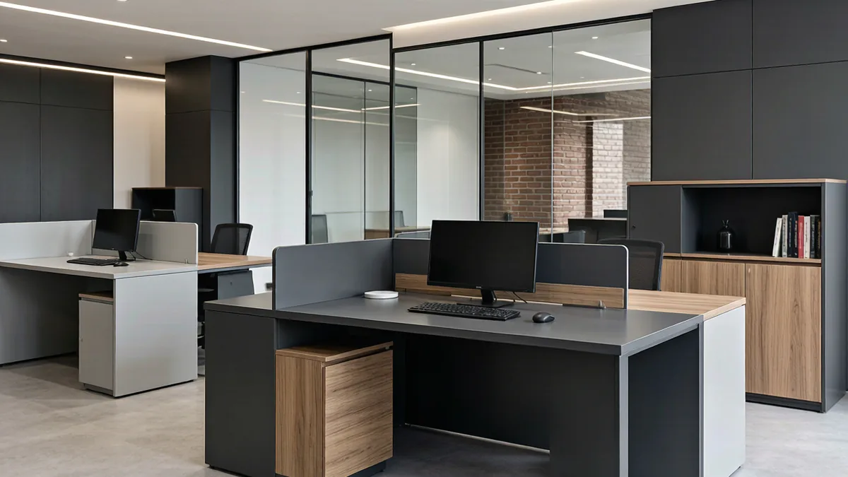 Modern open-plan office with desks and partitions finished in matte gray PVC film