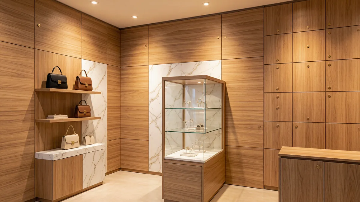 Luxury retail store interior with marble-texture PVC wall panels and display fixtures