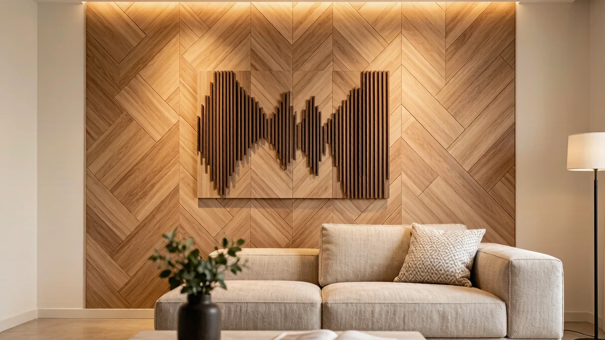 Modern living room feature wall covered in wood grain PVC decorative panel