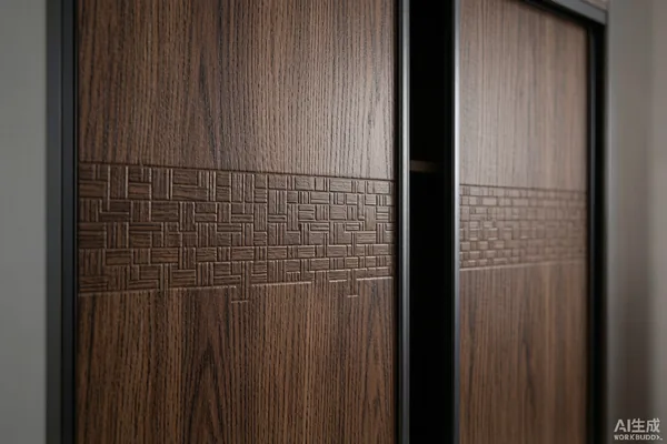 Sliding wardrobe door panel wrapped in synchronized 3D wood grain PVC film