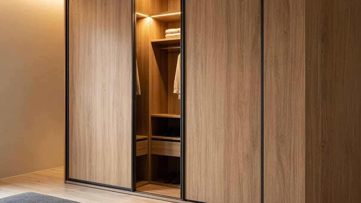 Modern walk-in closet with sliding wardrobe doors finished in soft-touch PVC film
