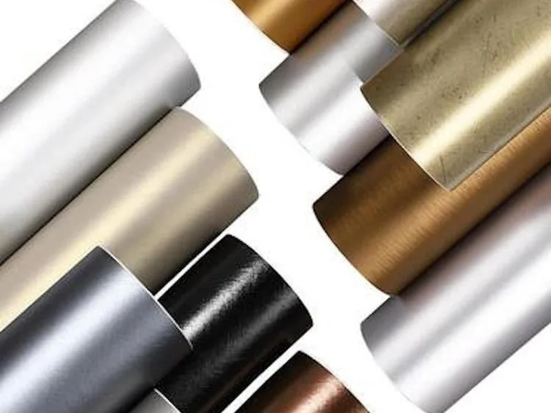 Brushed and mirror metallic PVC film rolls in gold, silver and bronze