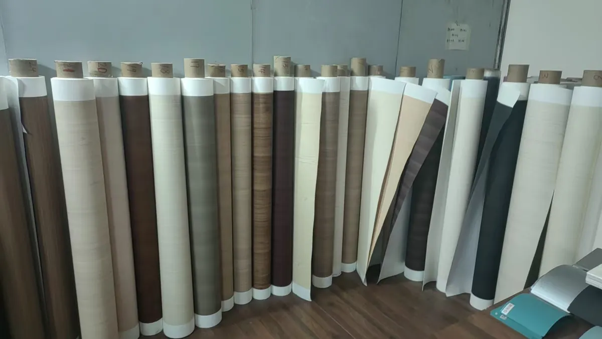 GONGDA showroom displaying PVC film wood grain and solid color samples